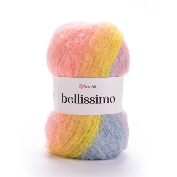 YarnArt Bellissimo yarn skein color 1409, soft fluffy mohair acrylic blend yarn with color changing effect for knitting