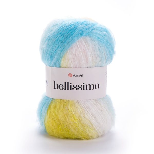 YarnArt Bellissimo yarn skein color 1420, soft fluffy mohair acrylic blend yarn with color changing effect for knitting