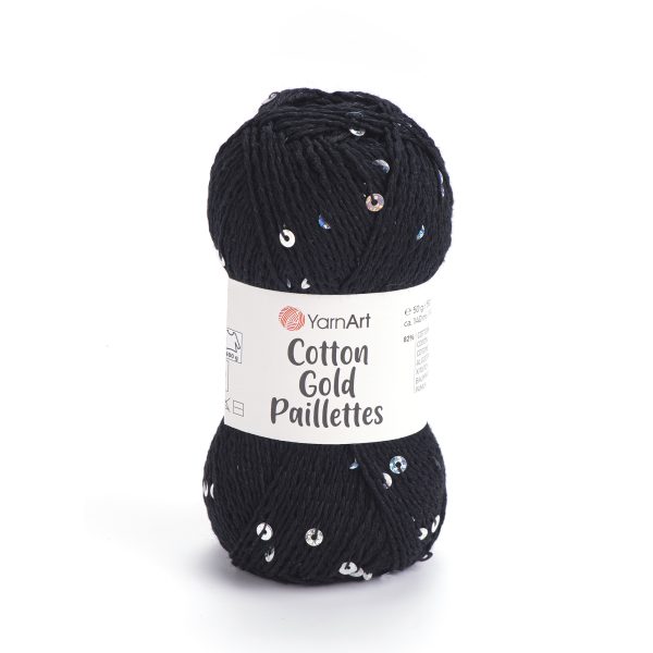 Alize Cotton Gold Paillettes sequin yarn skein 7101, sparkly cotton-acrylic yarn perfect for elegant knitting and crochet garments.